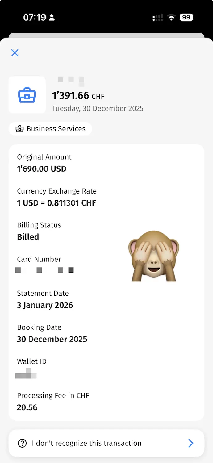 Screenshot of the Cembra app showing a payment of 1,690 USD with 4.4% FX fees on the Certo! One card...