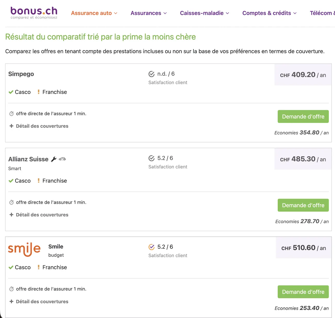 Comparateur assurance auto suisse du site web bonus.ch