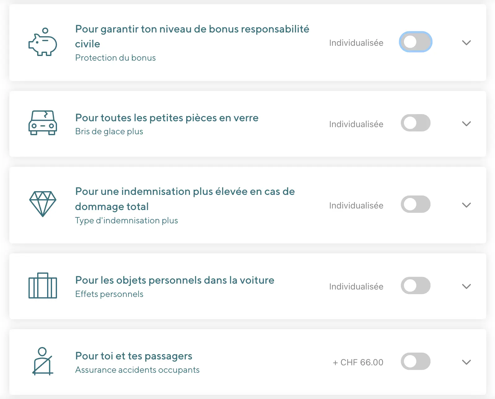 Les options d'assurance auto que je décoche chez Smile: toutes les options marchand de peur virées pour un profil Mustachian