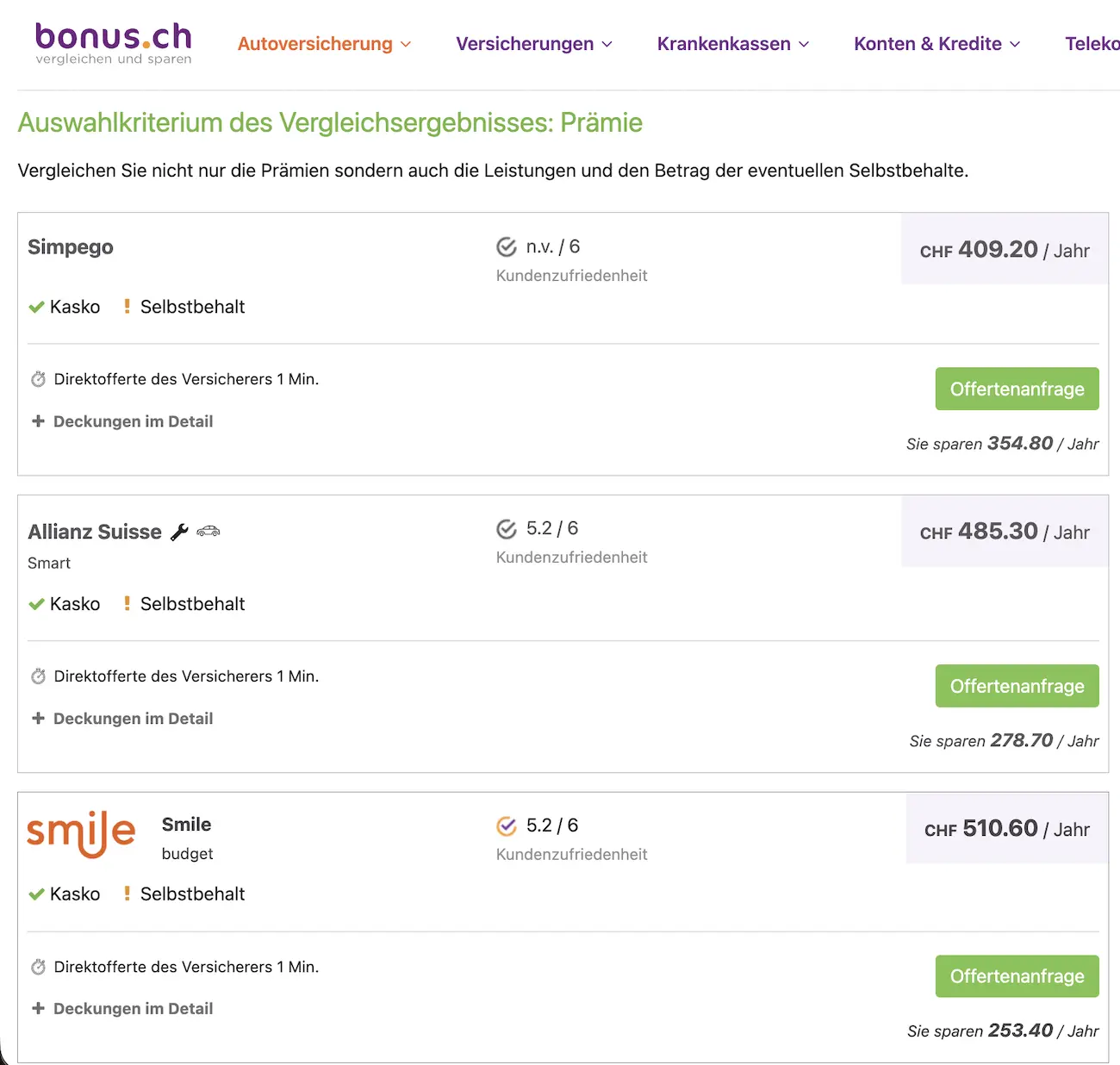 Swiss car insurance comparison tool from the bonus.ch website
