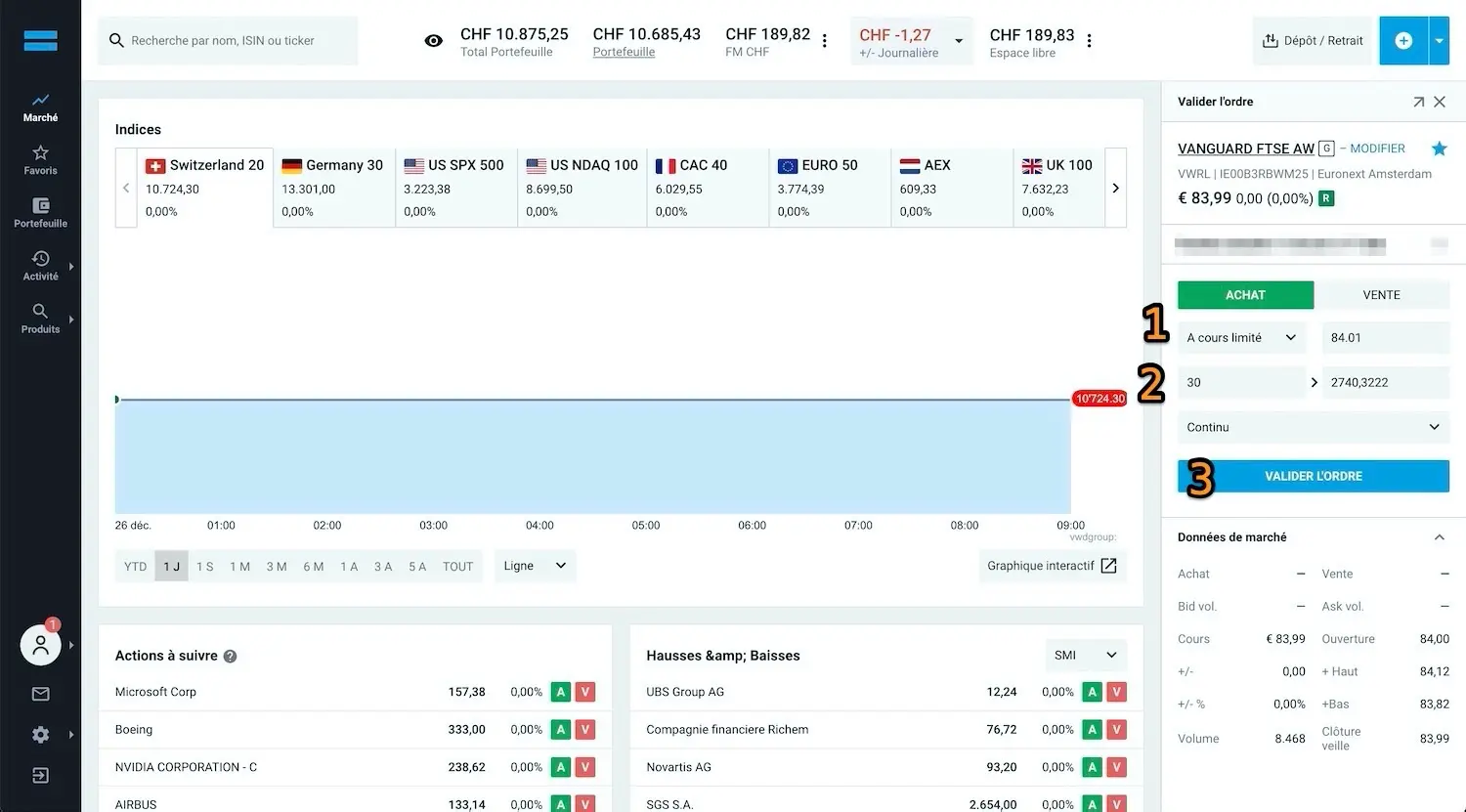 Bildschirm für den Kauf des VWRL ETF auf der Trading-Plattform DEGIRO