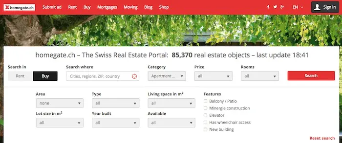 Homegate, one of the main Swiss real estate search engine (credits: homegate.ch)