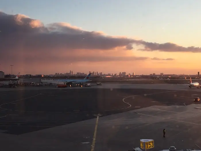Sunset on the tarmac, waiting for the plane to be fixed