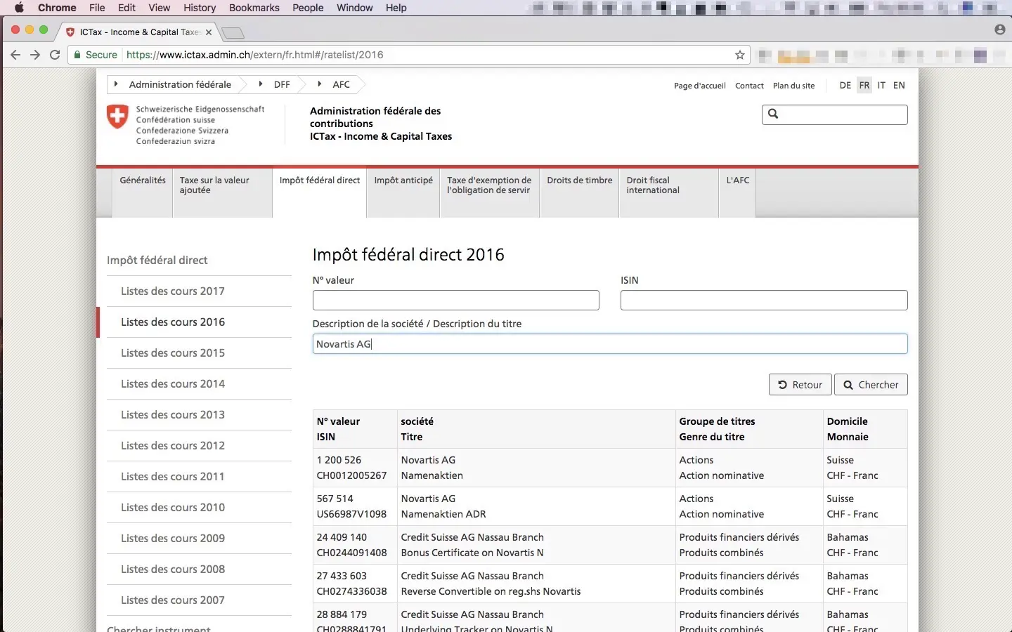 ESTV website is a gold mine of information provided by the Swiss Confederation. Search your share and select it in the list to go to the next screenshot