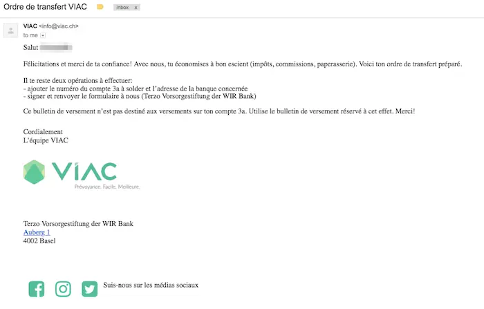 Step 2: email from VIAC with the transfer instructions for the existing 3rd pillar