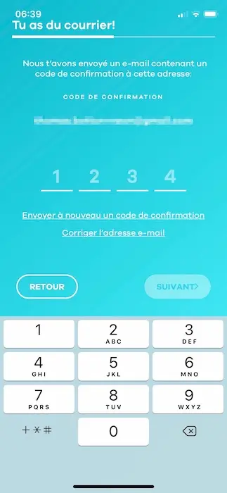 Entering the confirmation code to validate the registration