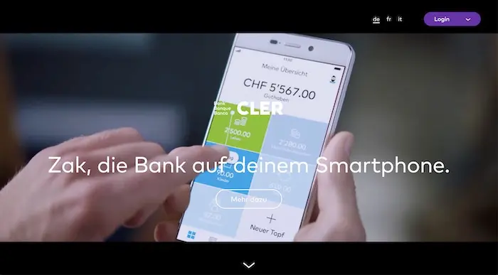 Homepage der Schweizer Bank Zak
