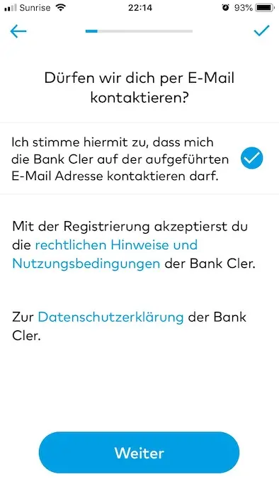 Autorisierung dafür, per E-Mail von Bank Cler kontaktiert zu werden