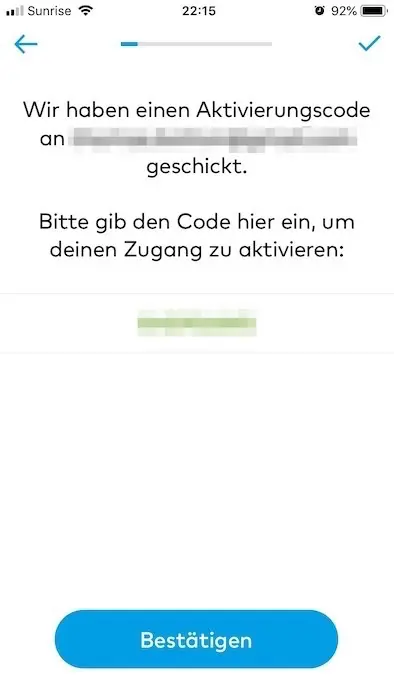 Saisie du code d'activation dans l'app