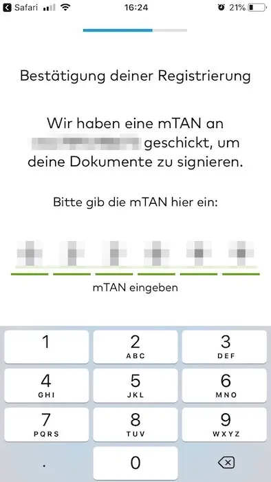 Bestätigung meiner Registrierung bei der Cler/Zak-Bank über den erhaltenen mTAN-SMS-Code