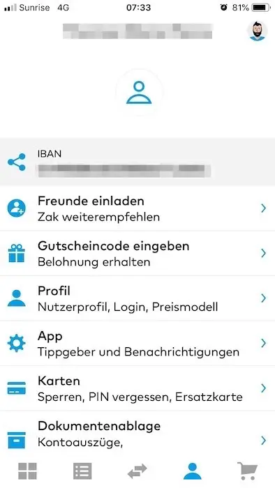 User profile view, with in order : friends invitation (which make you win CHF 50 these days), enter your promo code (take mine 'Y06JPR' to get CHF 25 of welcome cash), user profile details, notifications config, cards config, banking documents
