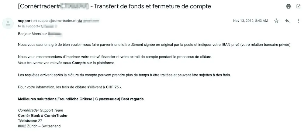 Reply from Cornèrtrader support