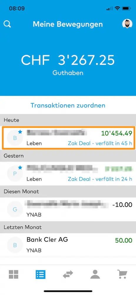 Receipt of the bank transfer of Cornèrtrader funds to my Swiss bank account Zak