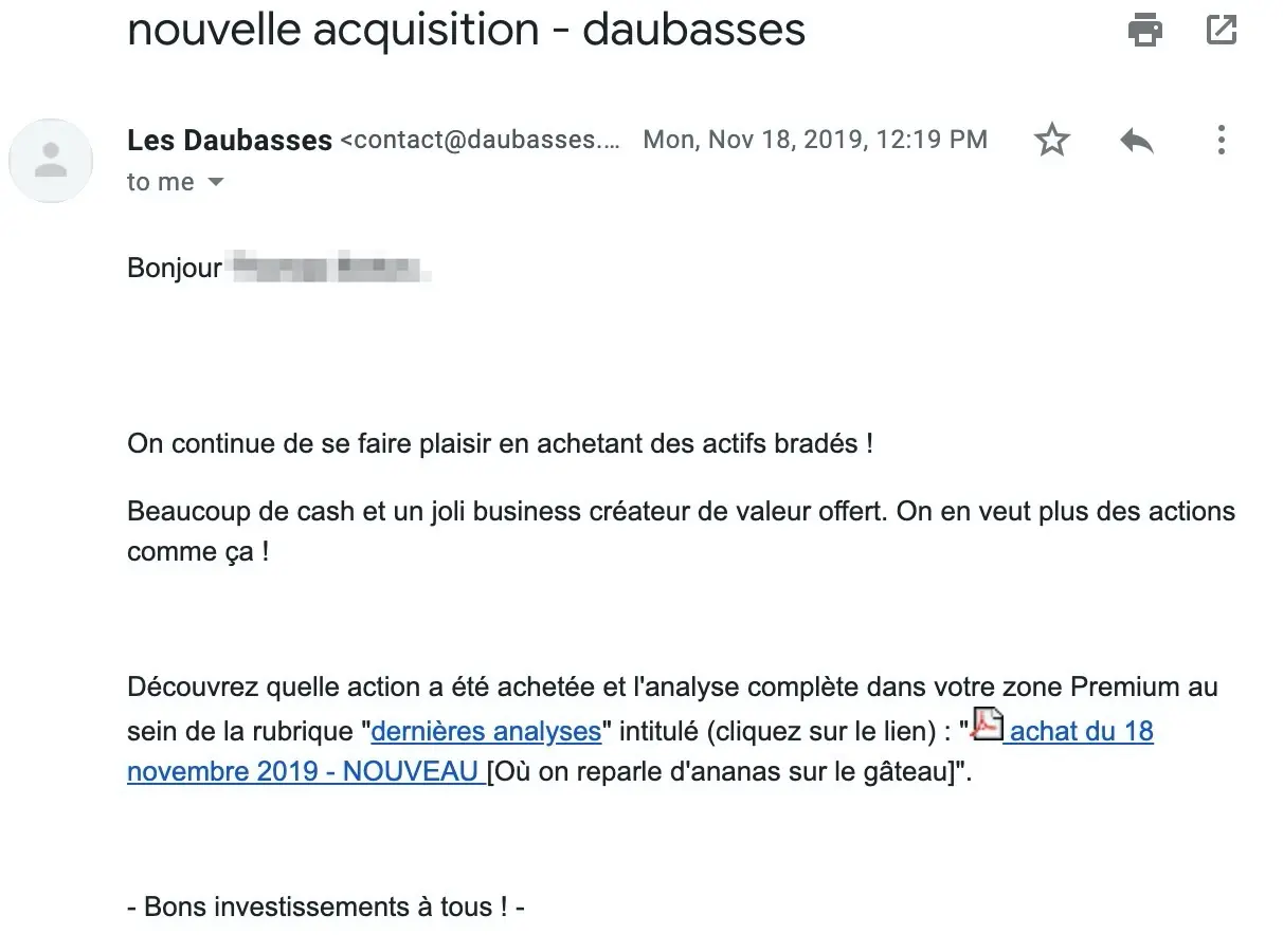 Example of a shares' purchase alert of a new company via email by the Daubasses