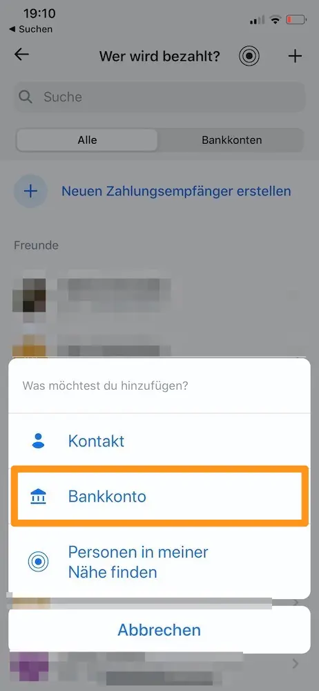 Choose 'Bank account'