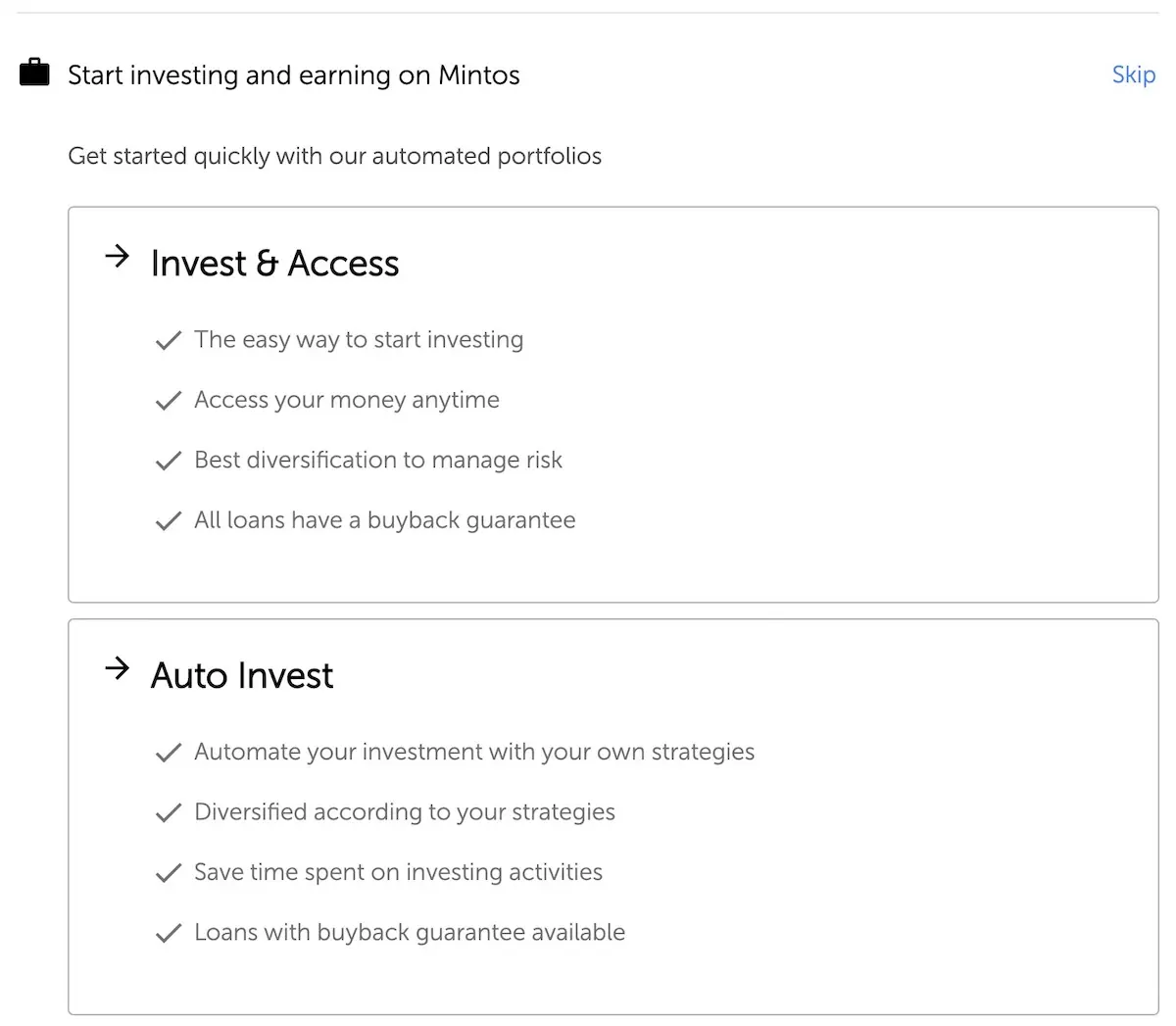 If you scroll down on the previous view you can see the two types of Mintos' automated portfolios