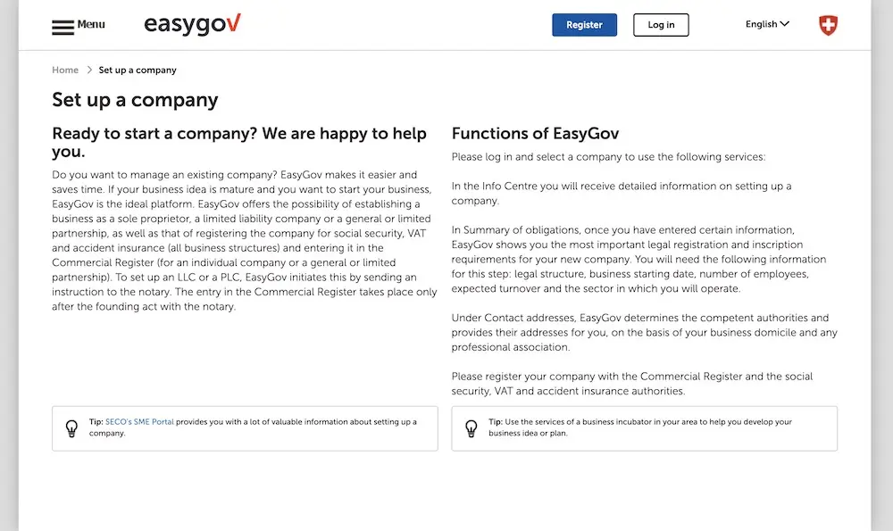 EasyGov.swiss is an online portal for companies to facilitate, accelerate and optimize the administrative procedures for setting up a company in Switzerland