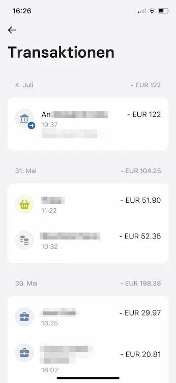 Liste meiner Transaktionen in EUR in der Revolut Mobile App
