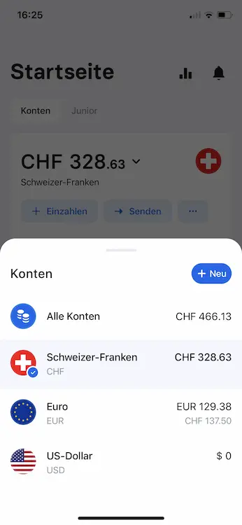 List of my different Revolut wallets: CHF, EUR, and USD