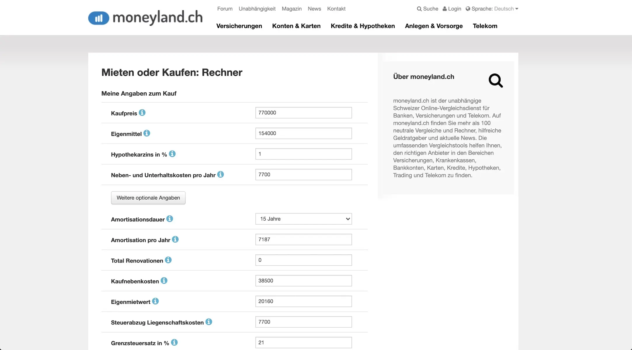 'Kaufen oder mieten'-Rechner von Moneyland.ch