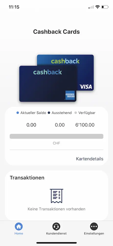 Startbildschirm der Cashback Mobile App