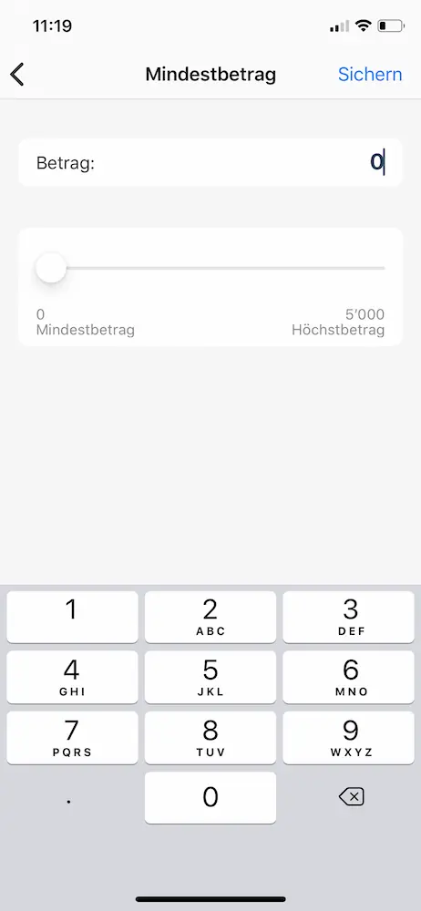 Configuring my cards to receive a push notification every time I spend an amount greater than CHF 0 (i.e. for all transactions :))