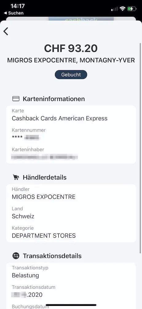 Detail view of a transaction with our Cashback Amex credit card