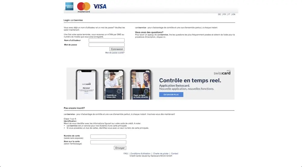 Swisscard cardservice website for Cashback credit card