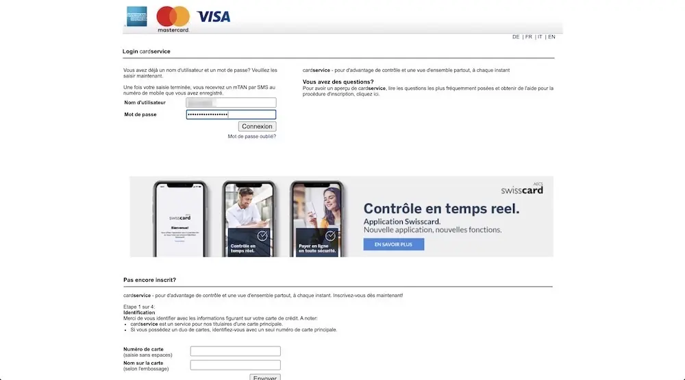 Einloggen in der Swisscard Cashback Web-App