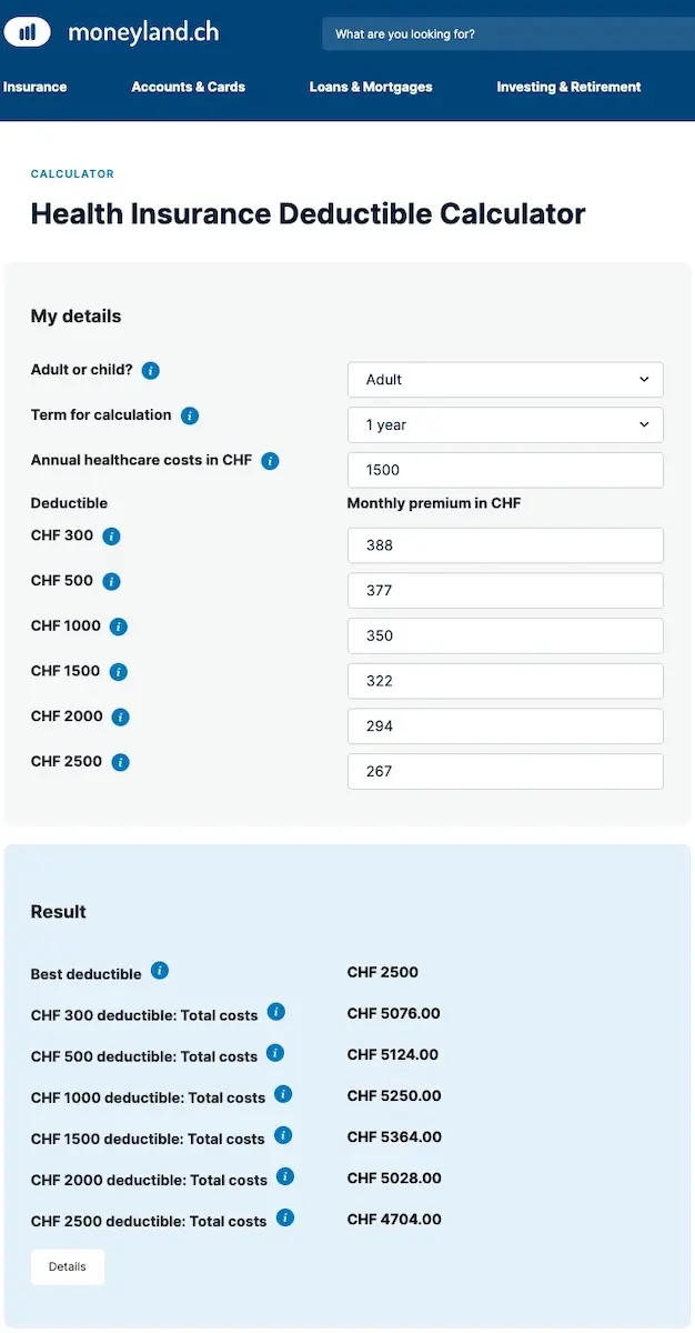 'Moneyland' calculator for the optimal deductible for Swiss LAMal/KVG health insurance