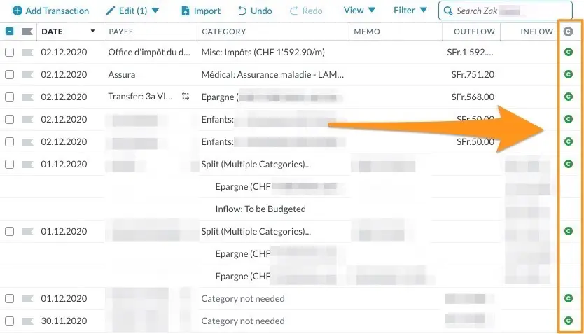 YNAB functionality to mark a transaction as cleared