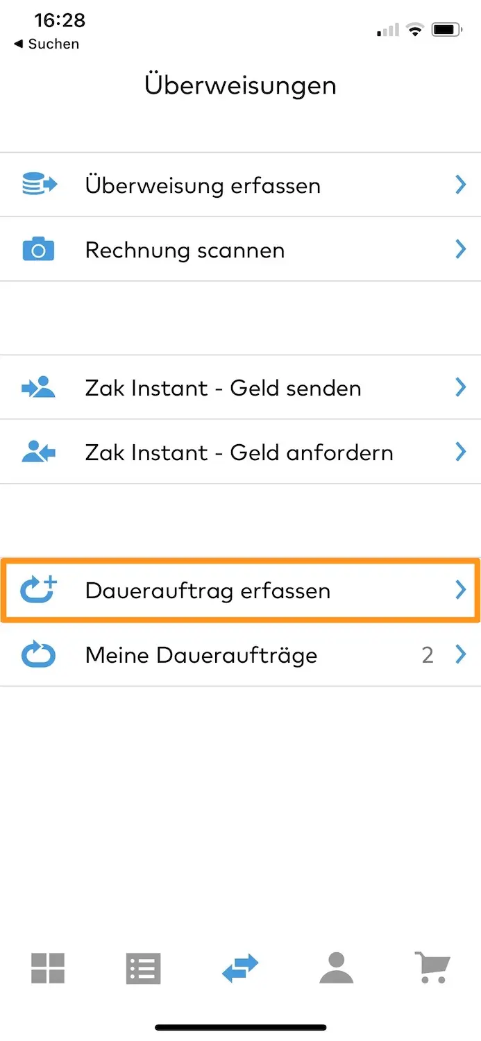 Ansicht 'Überweisungen' in der Zak-Mobile-App (meine Schweizer Bank)