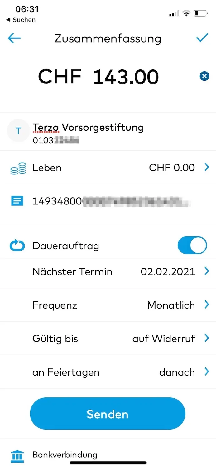 I indicate that I wish to pay CHF 143 from the beginning of February, in a recurring manner each month (= [6'883-568]/11/4)