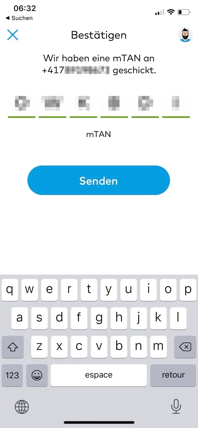 Validation of the new standing order in my Zak mobile app via mTAN SMS code
