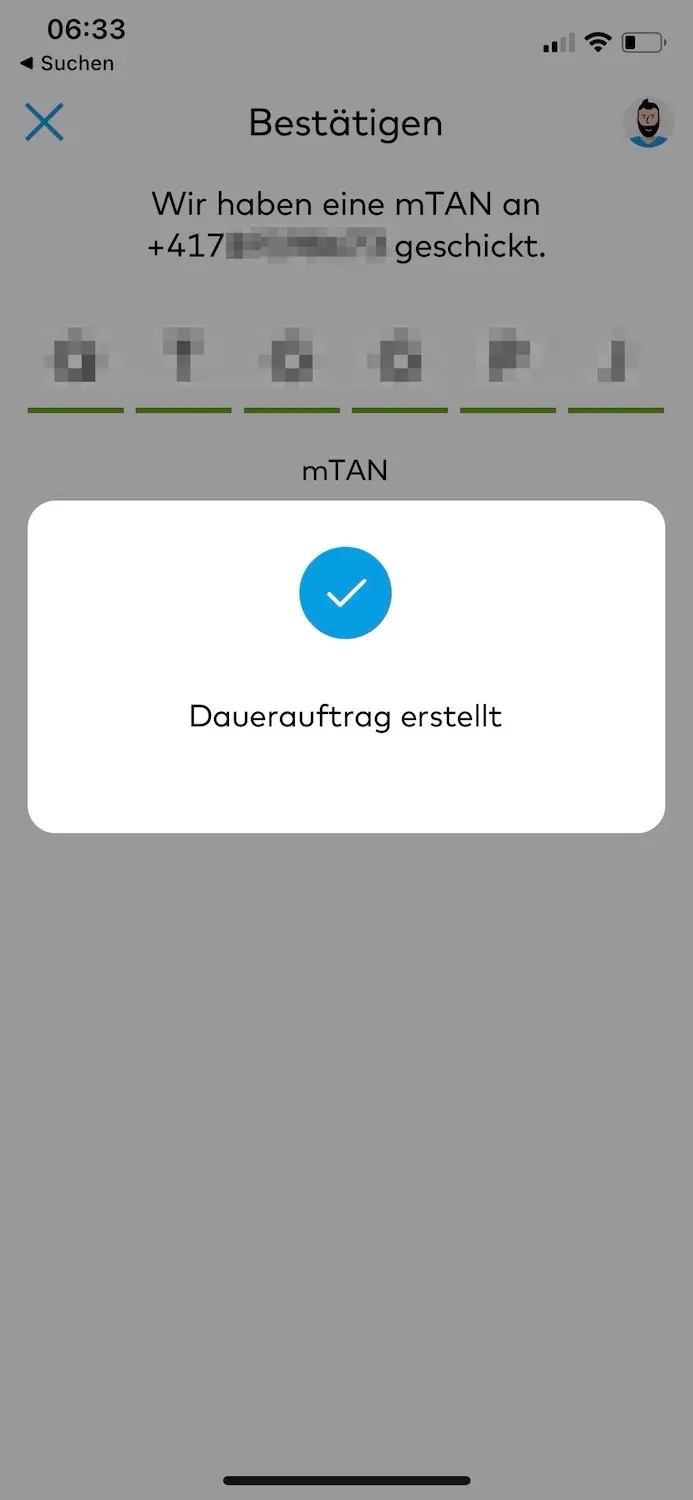 New standing order successfully created in my Zak mobile app