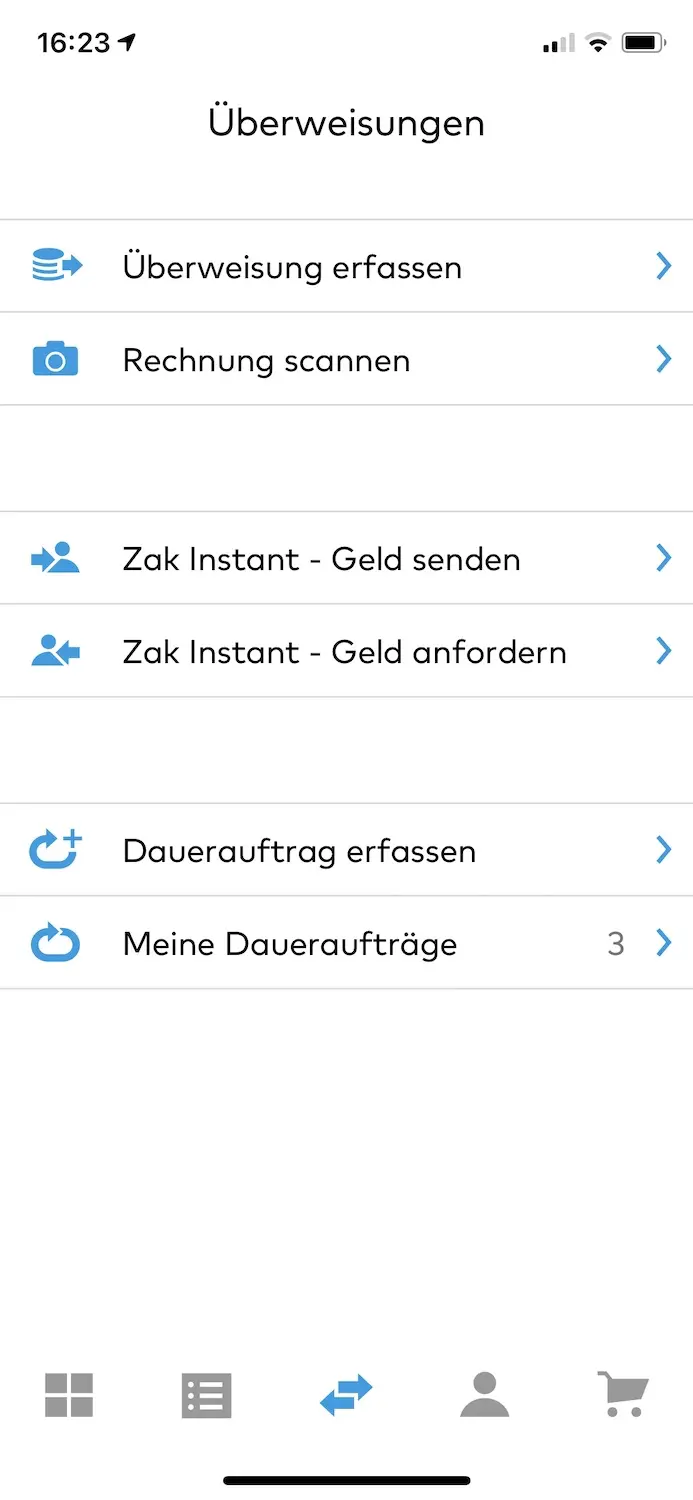 'Wire transfers' view in the Zak mobile app (my Swiss bank)