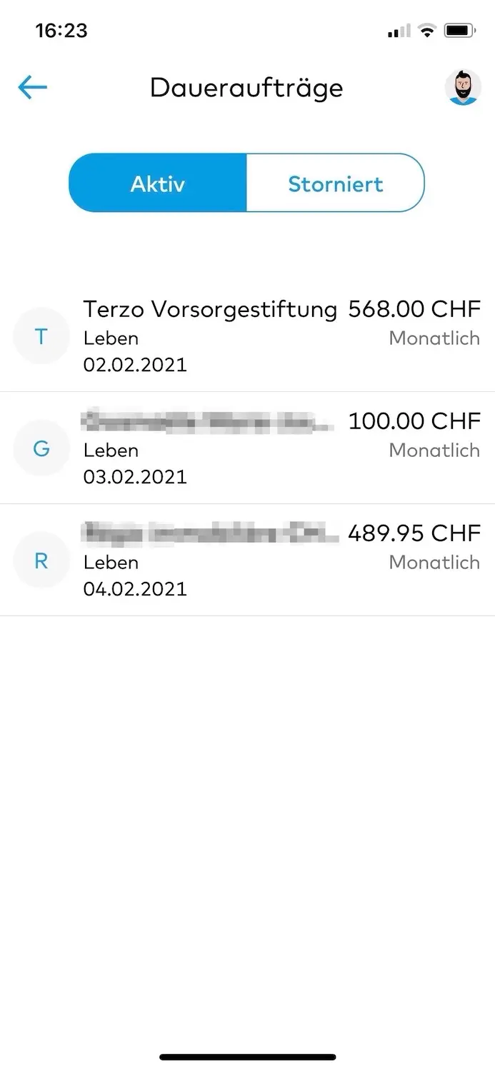 List of my standing orders in my Zak mobile app