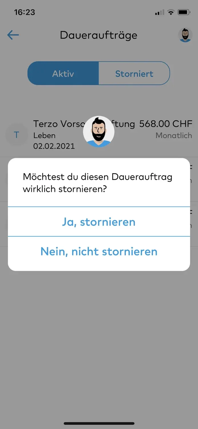 Confirmation of deletion of my standing order to VIAC in my Zak mobile app