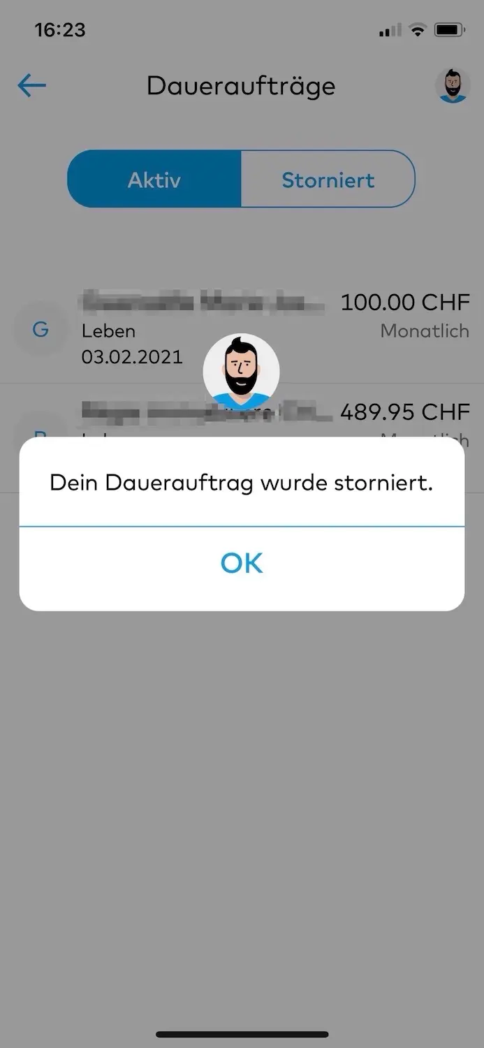 Standing order to my current pillar 3a account deleted