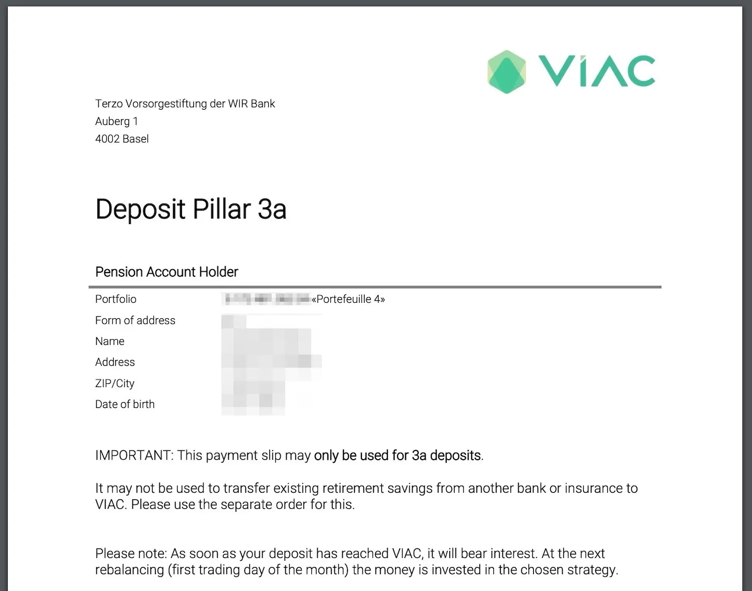 The PDF with the payment information for your VIAC pillar 3a account looks like this