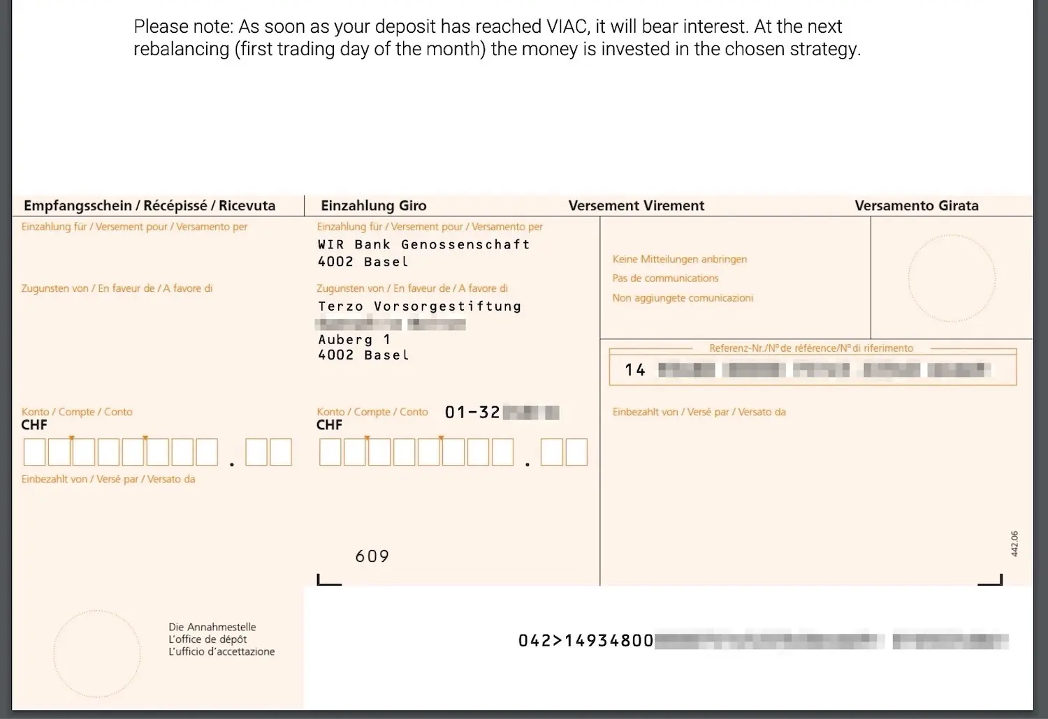 The PDF with the payment information for your VIAC pillar 3a account looks like this (bis)