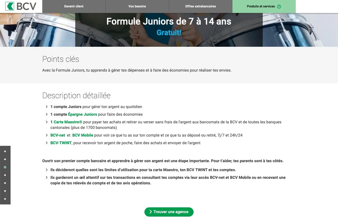BCV's Formule Juniors children's bank account Switzerland