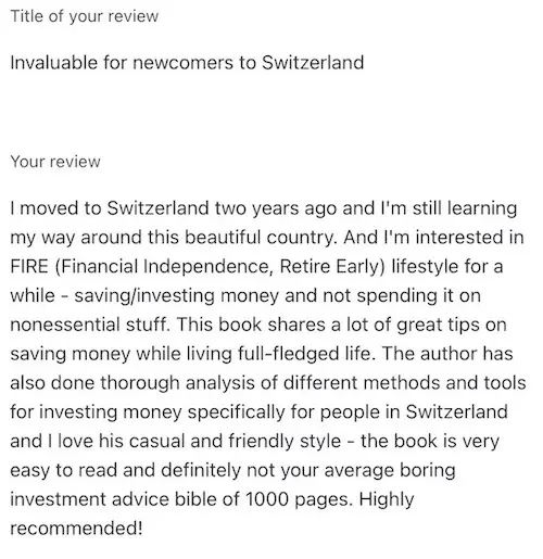 Comment by Renars about my book 'Free by 40 in Switzerland'