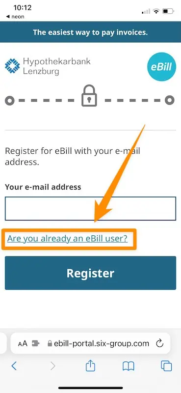 Klicke auf 'Sind Sie bereits eBill-Nutzer?'