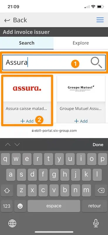 Beispiel der eBill Suche nach Assura