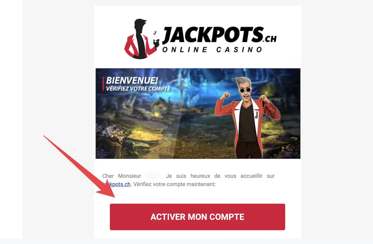 Confirmation of account creation on jackpots.ch