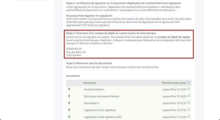 Notice startups.ch t'expliquant qu'il faut créer ton compte de consignation pour pouvoir être inscrit au registre du commerce suisse