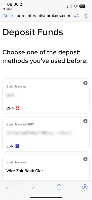 Schritt 2: Wähle das Schweizer Bankkonto, von dem du Geld auf dein Konto bei Interactive Brokers Schweiz einzahlen möchtest