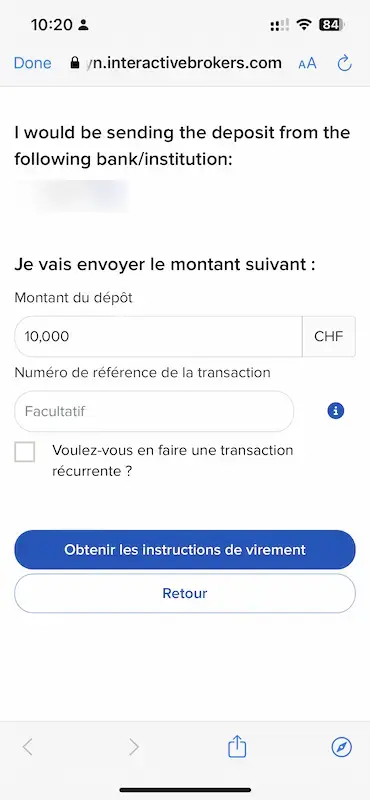 Étape 3: Définis le montant en CHF que tu veux envoyer sur ton compte Interactive Brokers suisse