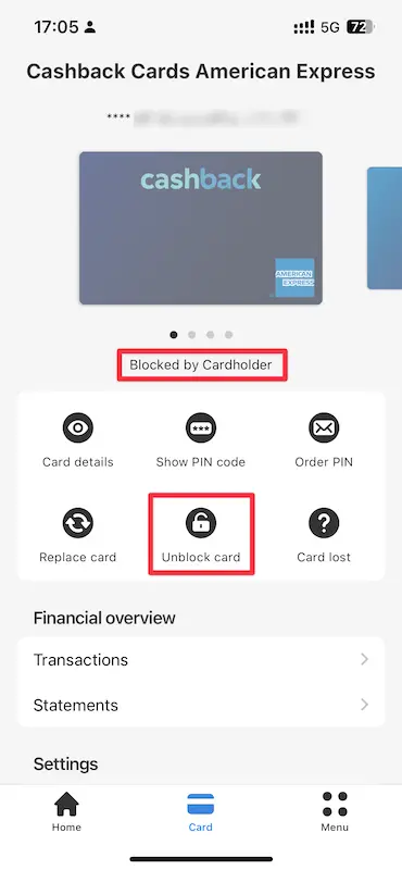 How to block your credit card in the Swisscard Cashback app